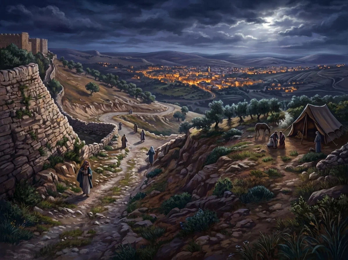 A broad, rugged landscape stretches from a steep rocky hillside on the left into a wide valley and distant rolling terrain. A rough path descends through the center, with several small human figures traveling along it, including a more distinct pair in the lower-left foreground. Dark trees or dense shrubbery occupy the right side, partly surrounding a small hut or low structure. Farther away, pale fields, scattered buildings, and winding terrain extend toward the horizon, while a prominent wall-like ruin or cliffside structure rises at the upper left.