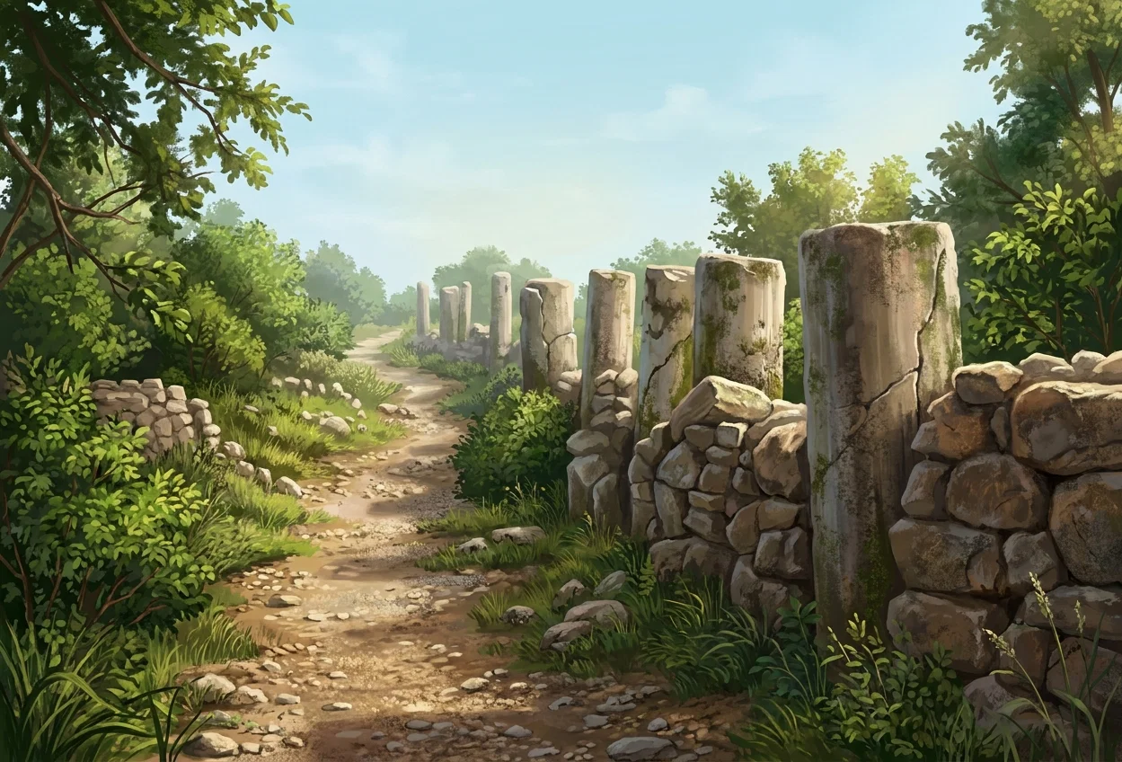 A quiet rural footpath winds through tall grasses and low vegetation, bordered on the right by a rough stone wall and a row of upright, weathered stone slabs or fence posts receding into the distance. Dense bushes and a large leafy tree frame the left side of the path, while scattered rocks and uneven ground fill the foreground. The drawing contains no visible people, animals, signs, or lettering, and emphasizes the narrow trail, rustic masonry, and softly overgrown countryside setting.