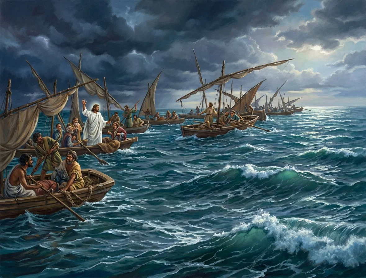 “The fury of the storm had driven the boats into close proximity, and all on board beheld the miracle.” Page 335.
