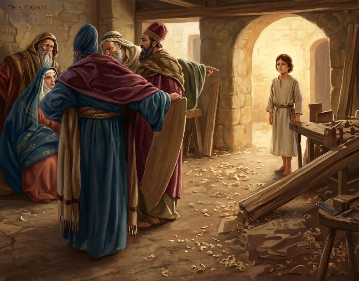 “Failing to convince Him, they sought Joseph and Mary.”