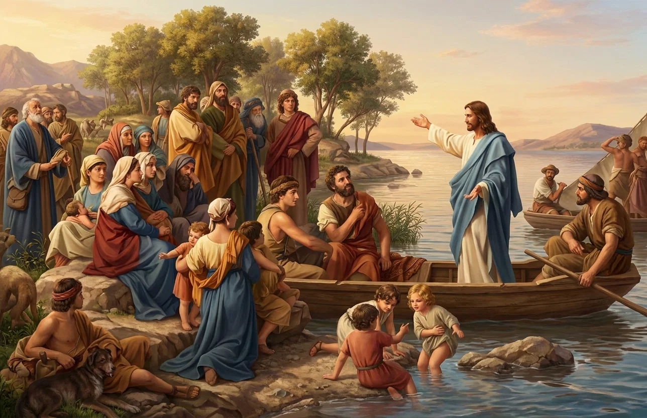 TEACHING FROM A BOAT. “The lake, the mountains, the spreading fields, surging light flooding earth, all furnish objects to illustrate His lessons.”