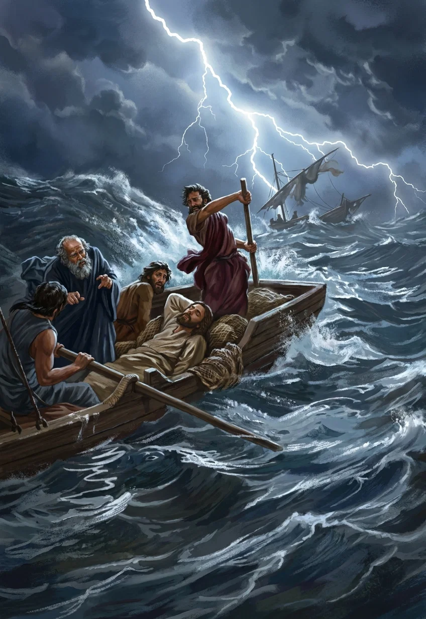 “A flash of lightning pierces the darkness, and they see Jesus lying asleep.”