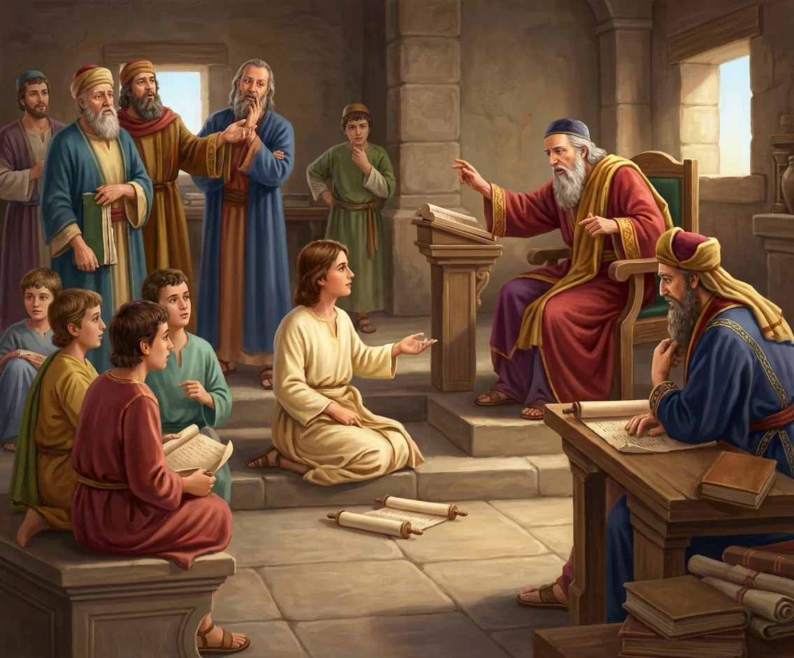 “Seating Himself at the feet of these grave, learned men.”