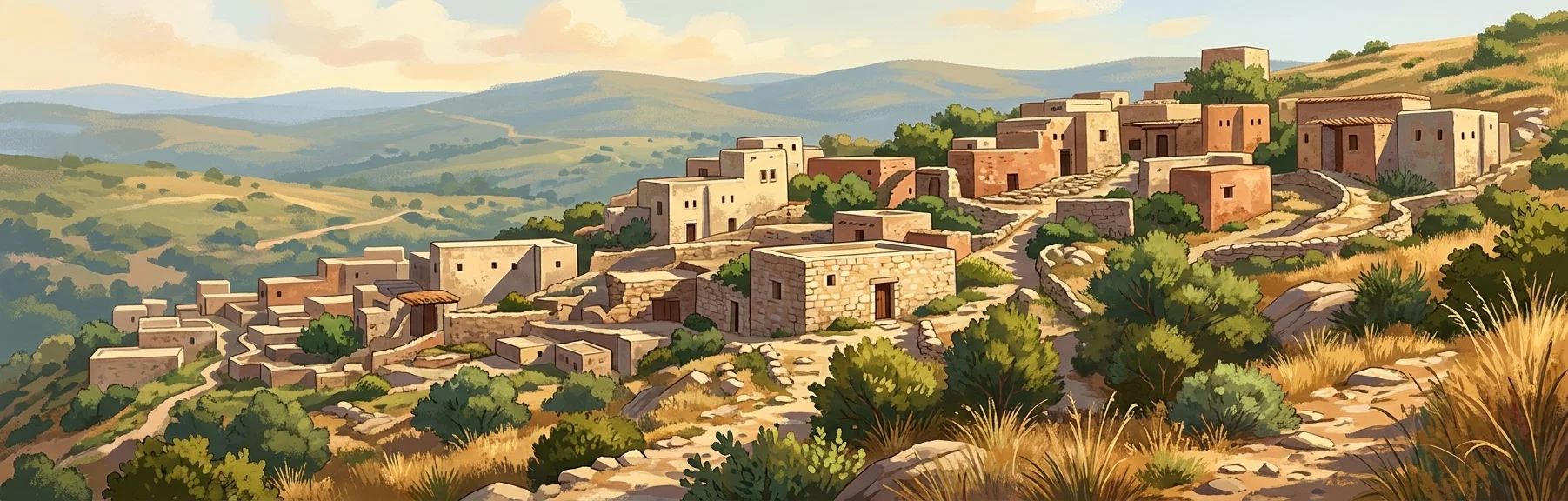 A monochrome line drawing shows a sprawling settlement of flat-roofed, blocklike stone buildings spread across a gently rising hillside. The clustered houses extend from the lower left toward the upper right, with narrow paths or terraces winding among them and a few darker openings suggesting doors or windows. Rough shrubs, grasses, and rocky ground fill the foreground, while a broad, sparsely marked horizon stretches behind the town. No people, animals, signs, or lettering are visible.