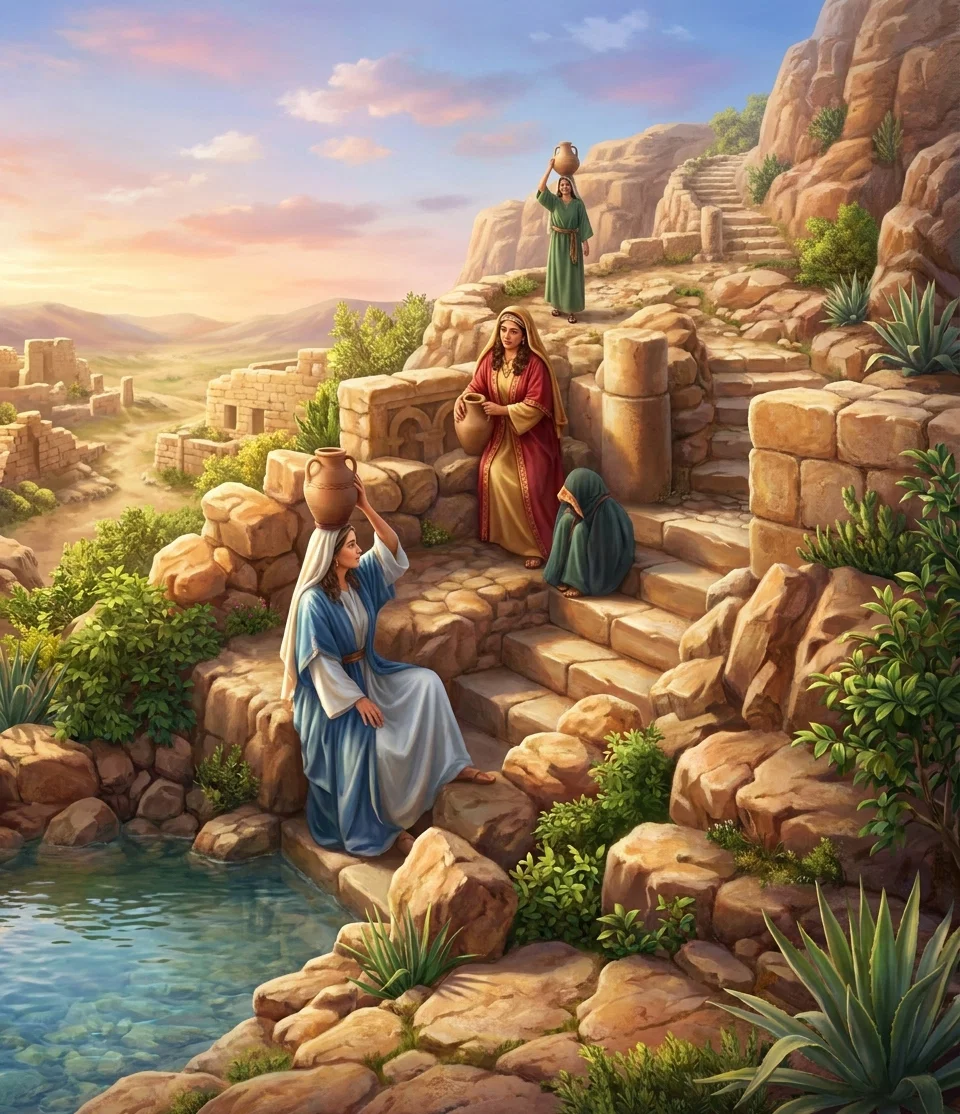 A rural, rocky landscape is shown with three robed women along a descending stone path or terrace. In the center, a veiled woman stands beside a large upright water jar, while another woman sits or kneels in the foreground with her back turned, and a third figure stands farther uphill among grasses. The terrain is uneven and sparsely vegetated, with rough stone walls, steps, shrubs, and broad hills or cloud-streaked slopes in the background. No lettering or other text appears within the image.