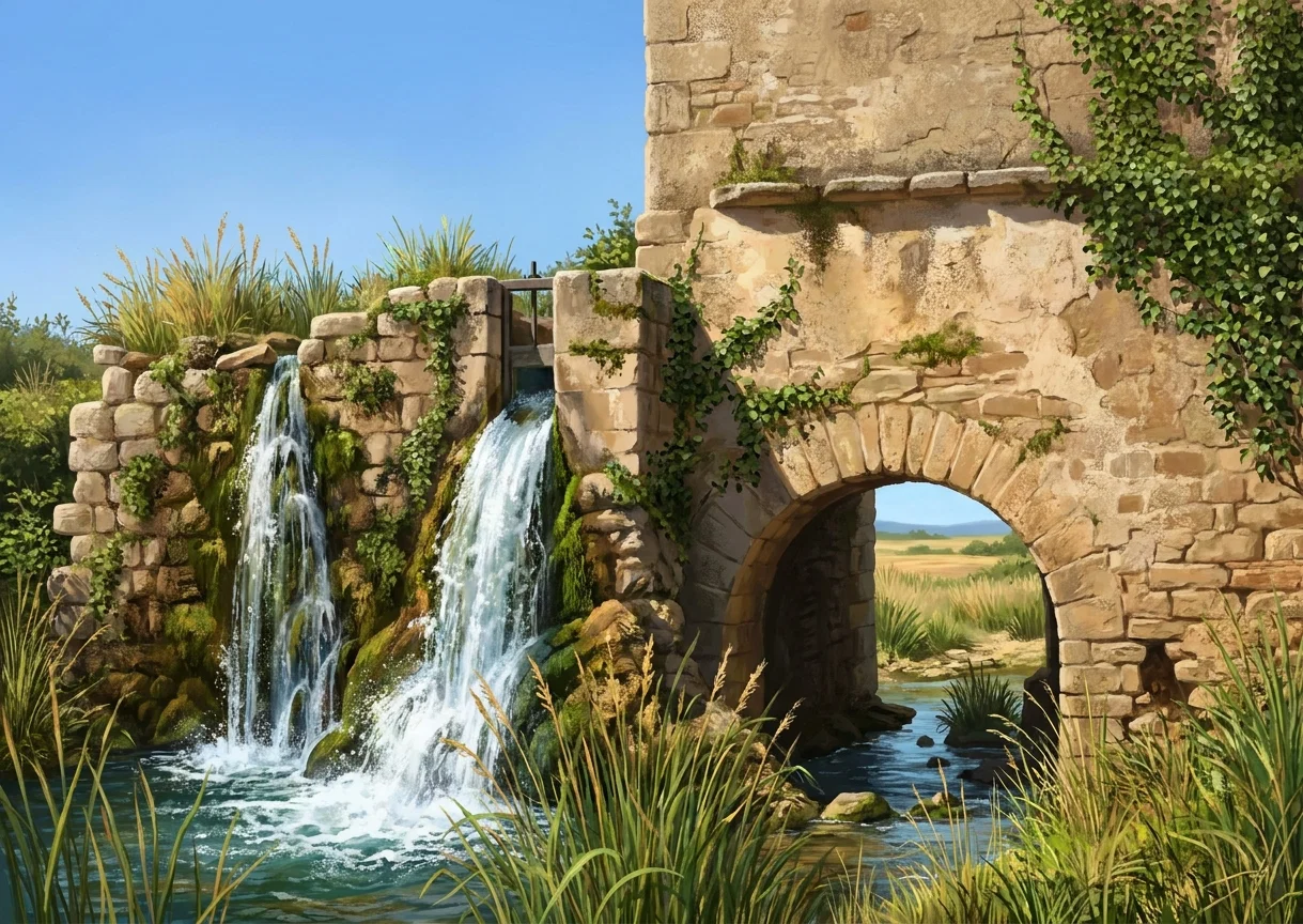 A rustic stone ruin stands amid dense grasses and brush. On the left, a low, roughly built wall of irregular light-colored blocks leads toward a taller, broken structure at center, with a dark vertical opening or shadowed recess. Heavy vegetation rises above and around the masonry, while a large rounded stone arch or tunnel opening occupies the right side, revealing darker vertical textures within. Scattered stones and fragments lie at its base, and tall weeds fill the foreground. No people, animals, signs, or lettering are visible.