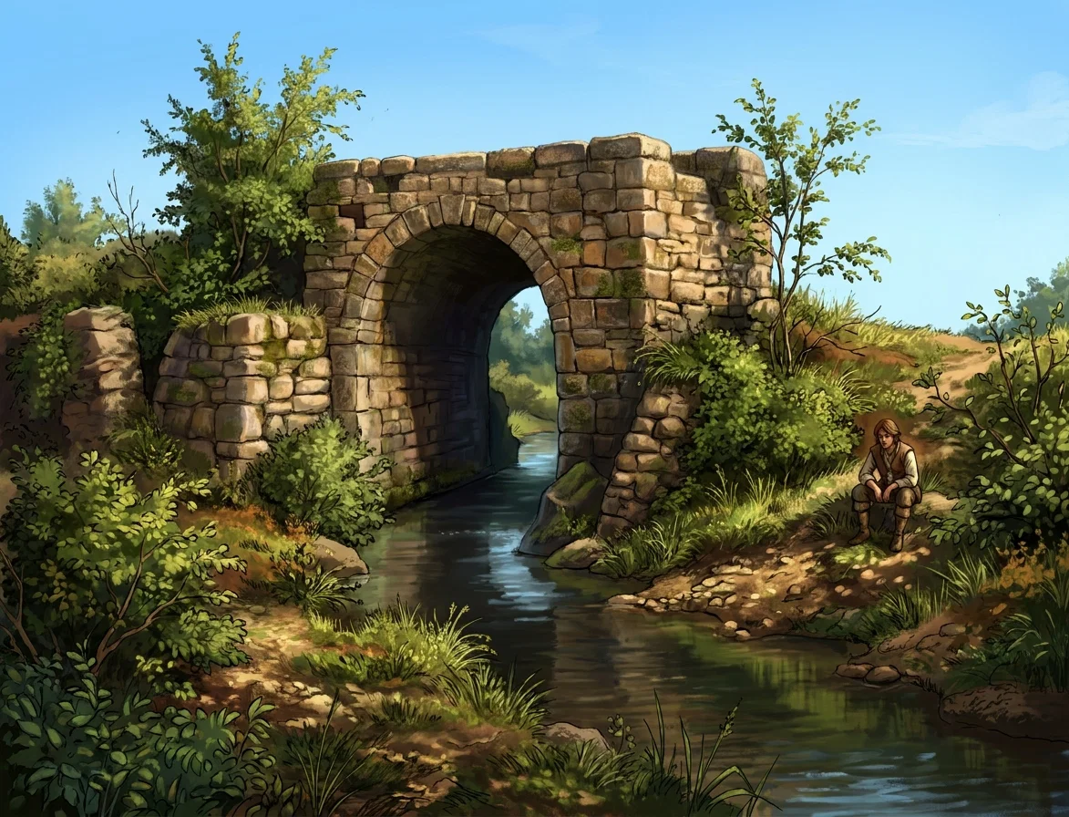 A rustic stone arch or culvert stands in a grassy, rural landscape, with a dark, rough wooden door or barrier filling its arched opening. The masonry structure is partly overgrown, and bushes and tall grasses surround it on both sides. In the foreground, a narrow stream or drainage channel winds across the ground, its rippling surface rendered with horizontal strokes and bordered by tufts of vegetation. The composition focuses on the shadowed archway, with an open field and scattered foliage extending behind it; no people, animals, signs, or lettering are visible.