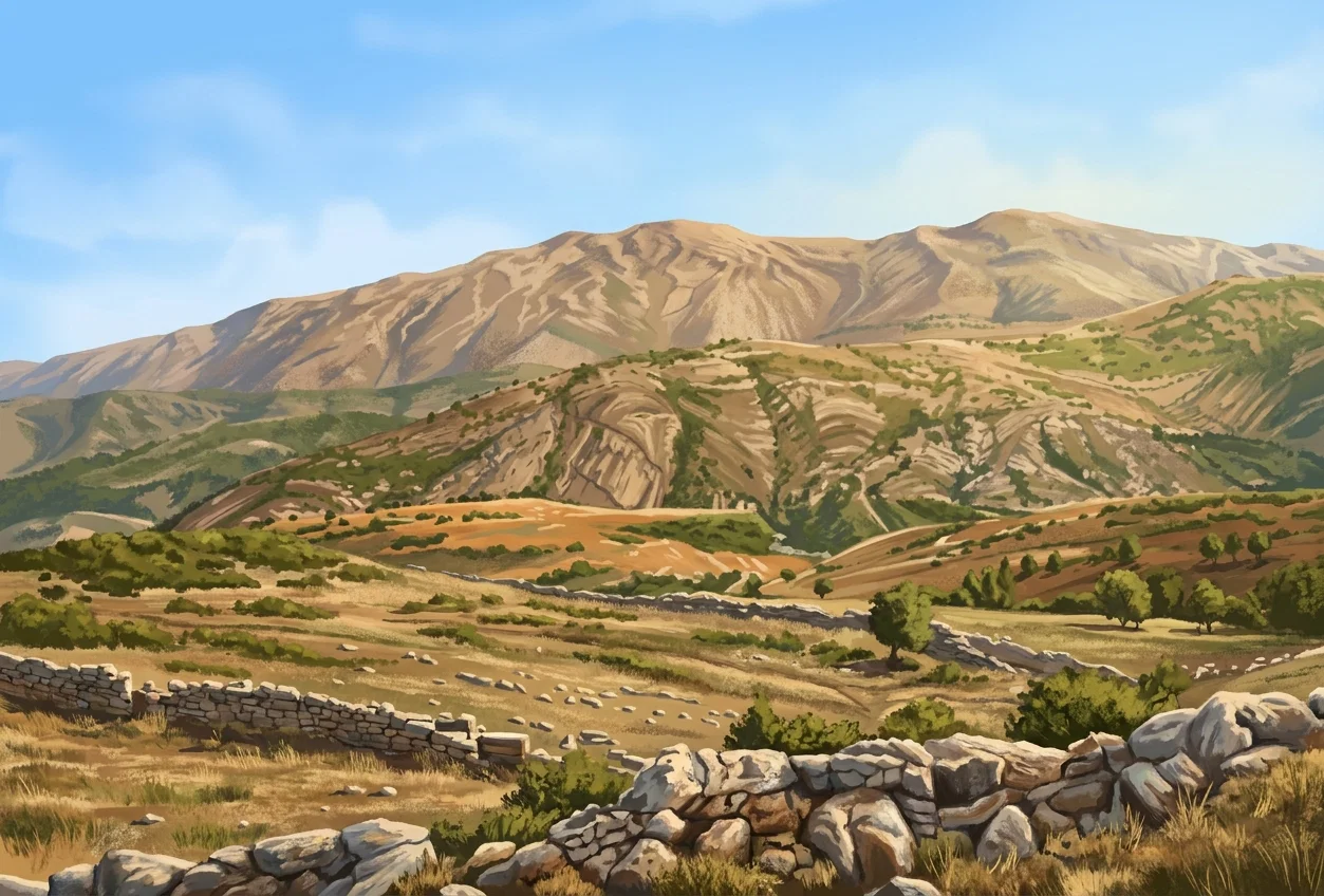 A broad, barren mountainous landscape stretches across the scene. In the foreground, rough pale rocks and low scrub frame an open expanse of dark, uneven ground, crossed by winding rocky channels or paths. The middle distance contains layered ridges and eroded formations, including a prominent pale, deeply grooved outcrop near the center. Behind them rises a large mountain with a rugged, lightly snow-streaked summit, while lower slopes extend toward the edges beneath a hazy, nearly featureless sky. No people, animals, buildings, or visible lettering appear.
