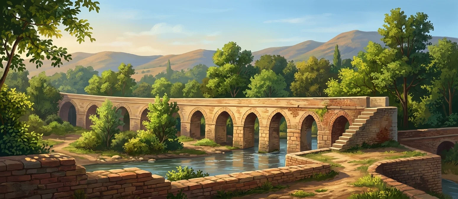A long, low stone structure stretches across a rural landscape, its side marked by a repeating row of tall, rounded arches and dark openings beneath them. At the right end, a broad flight of steps or sloping masonry rises to the top, beside a small exposed section of brickwork. Trees and shrubs grow around the structure, with larger wind-shaped trees clustered behind it, while faint mountain ridges run along the distant horizon. The foreground is uneven, sparsely vegetated ground, and no people, animals, or lettering are visible.