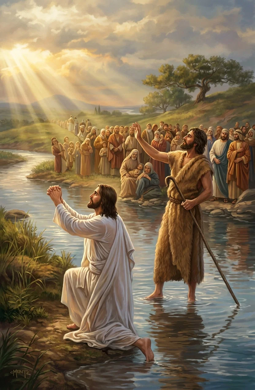 THE BAPTISM.

“Jesus bowed in prayer on the river bank.” Page III.