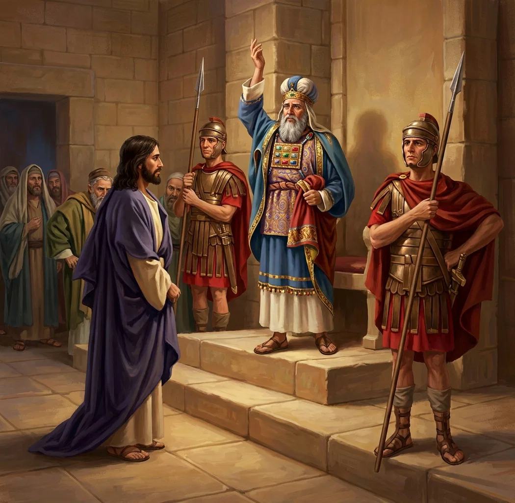 “At last, Caiaphas, raising his right hand toward heaven, addressed Jesus in the form of a solemn oath.”