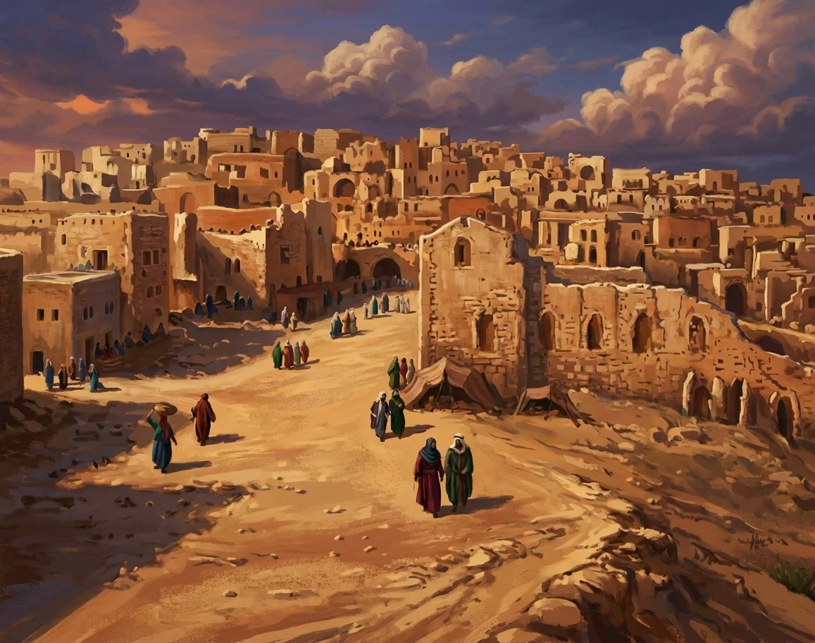 A broad, elevated view shows a sprawling ancient stone city built across a rugged hillside beneath a dark, cloud-filled sky. The densely packed buildings include flat-roofed structures, towers, walls, and numerous arches. In the middle distance, a large open courtyard or street is occupied by small groups of robed figures, while several people walk across the dusty foreground. A prominent, weathered multi-story stone building with arched openings stands near the center-right, beside lower ruins and a long arcade. The scene is rendered in a dramatic, somber architectural landscape.