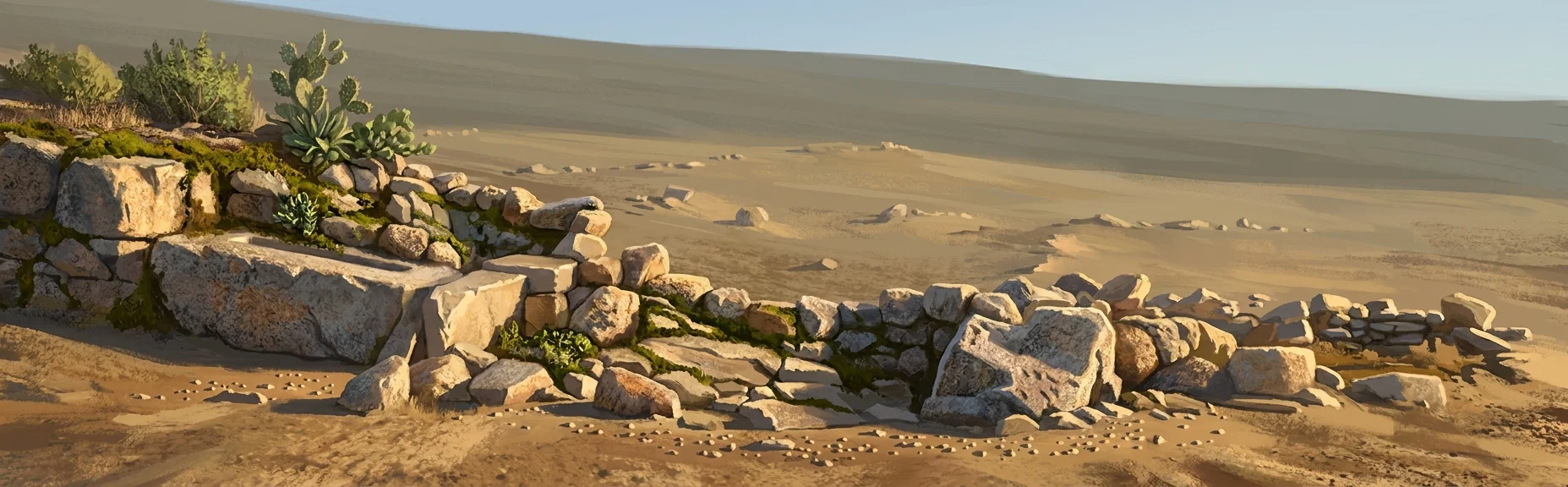 A low, horizontal landscape drawing shows a rough stone embankment or rocky wall stretching across the scene. Large angular blocks and smaller rounded stones form an uneven ridge, with deep black shading beneath and between several rocks. At the far left, a prominent broad slab is heavily crosshatched, while a small cluster of leafy plants grows from the upper left portion of the stones. The background is largely blank, with a few sparse horizontal marks suggesting distant ground or terrain; no people, animals, or lettering are visible.