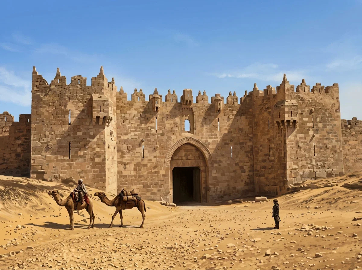 A broad, weathered stone fortress gateway stands across a barren, sandy foreground. The structure has high crenellated walls, projecting square towers, and an arched central entrance opening into darkness, with a smaller rectangular opening above it. Two loaded camels move across the left side of the scene, while a lone person stands near the gateway on the right. Low buildings or walls appear behind the fortification, and the composition is set beneath a largely empty sky.