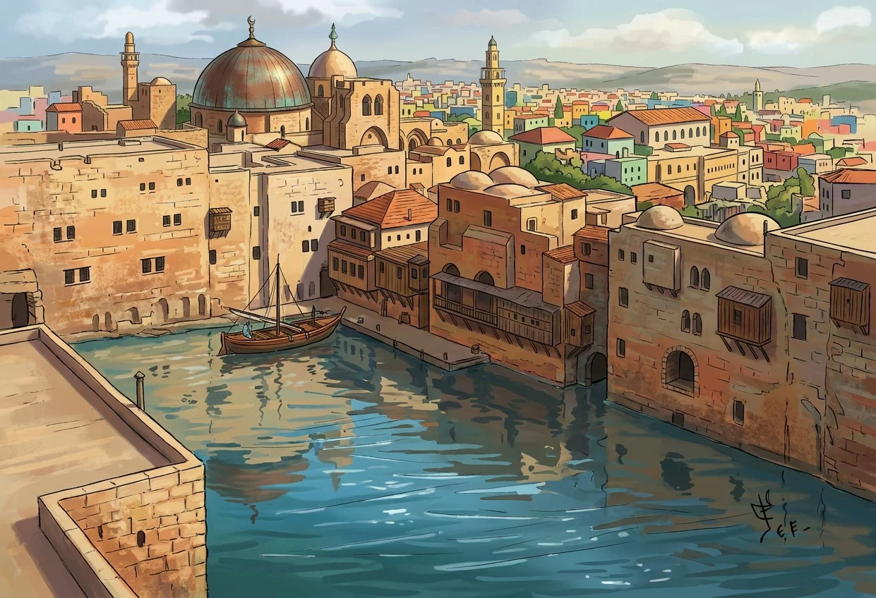 A broad panoramic view of a dense Middle Eastern city spreads across the image, with flat-roofed stone buildings, narrow streets, and several prominent religious structures. Near the upper left is a large dark ribbed dome, accompanied by smaller domes, arched façades, and tall slender minarets rising against a low, barren ridge. In the foreground, a high weathered stone wall and adjoining rooftops descend toward an open paved area, where a few tiny human figures are visible. Some faint Arabic-looking lettering appears along the lower-left wall or pavement.