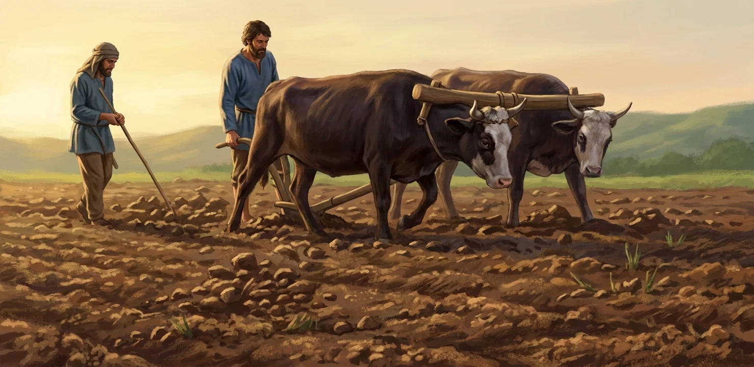 A rural scene shows several large oxen yoked together and moving from left to right across a rough, grassy field. Two agricultural workers accompany them: one stands at the left holding a long staff or plow handle, while another figure walks behind the animals near their backs. The oxen have prominent horns and heavy, textured bodies, with harnesses and a long horizontal yoke visible across their shoulders. Sparse vegetation, clumps of earth, and scattered plants cover the foreground and background.