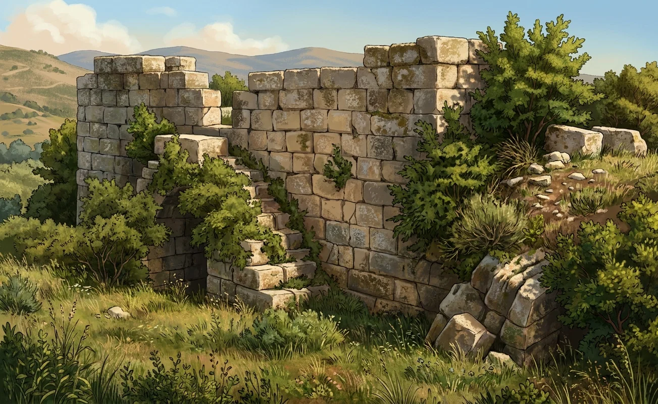 A black-and-white line drawing shows a hilly, fortified settlement viewed from a rough, vegetated foreground. Tall, irregular stone walls or closely packed masonry buildings form layered terraces across the middle and background, with narrow passages between them. Dense shrubs and grasses fill the lower ground, while a large leafy tree rises on the right and smaller bushes grow among the walls. The scene is quiet and unpopulated, with no visible lettering, signs, animals, or distinct human figures.