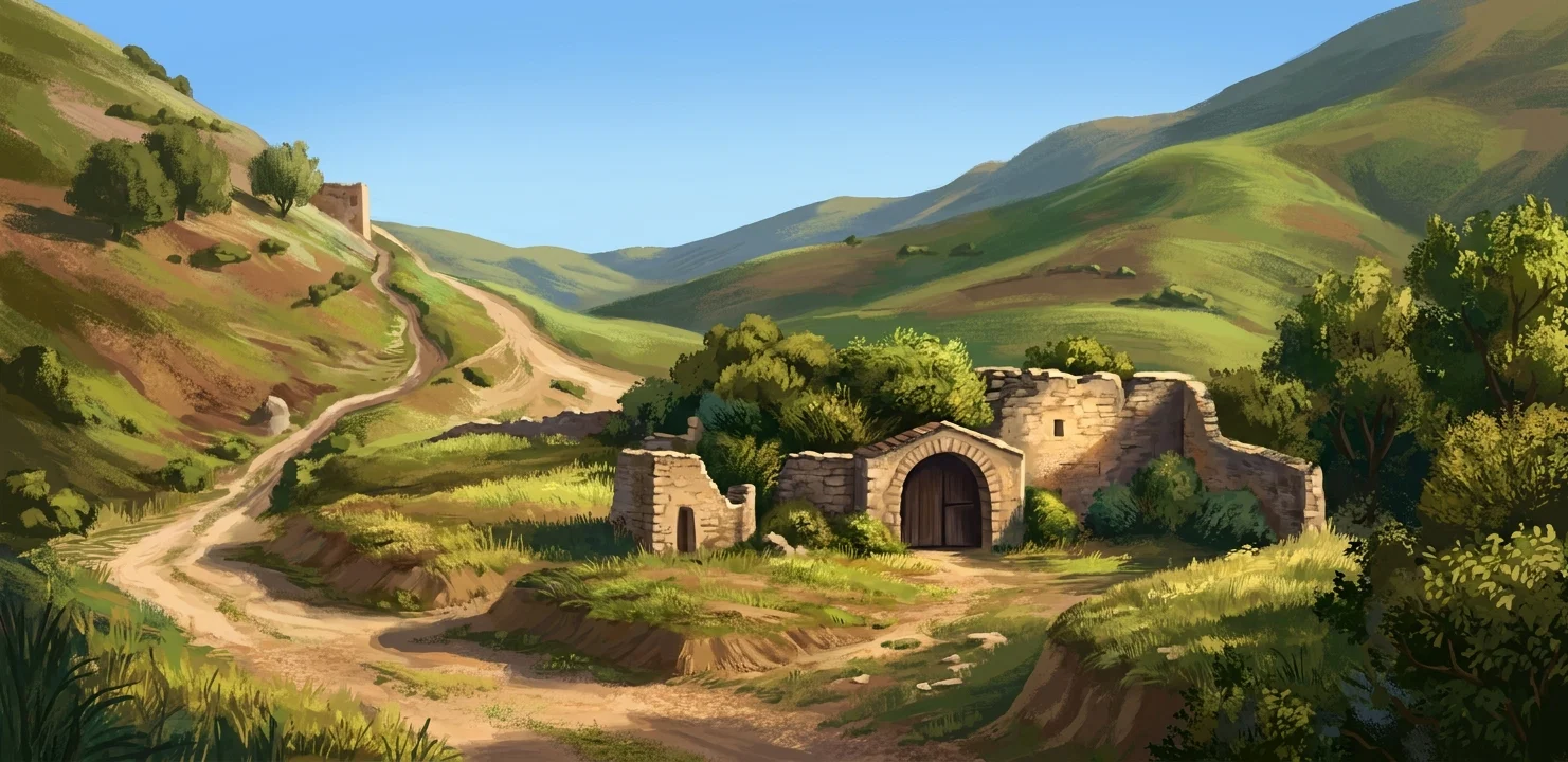 A sparse, hilly landscape surrounds a low stone tomb or rock-cut structure in the center of the scene. The building has a broad, dark arched entrance on the right and a smaller rectangular opening or doorway near the middle, with rough masonry and heavy shading suggesting stonework. Sloping ground and scattered vegetation extend around it, while a few trees or shrubs rise behind the structure and a bare ridge runs across the distant background. No people, animals, or lettering are visible.