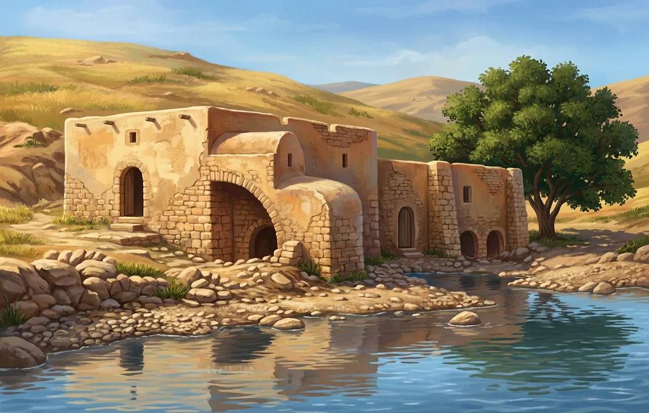 A black-and-white landscape drawing shows a cluster of low, rough, mud-plastered or stone buildings beside a shallow stream. The structures have rounded, arched doorways and heavily textured thatched or earthen roofs, with one larger pale wall at left and several darker adjoining shelters extending toward the right. A broad, leafy tree stands behind the buildings, while rocks, scrub, and uneven ground fill the foreground. The water reflects portions of the buildings and surrounding landscape, and a tiny indistinct figure appears near the far right edge.