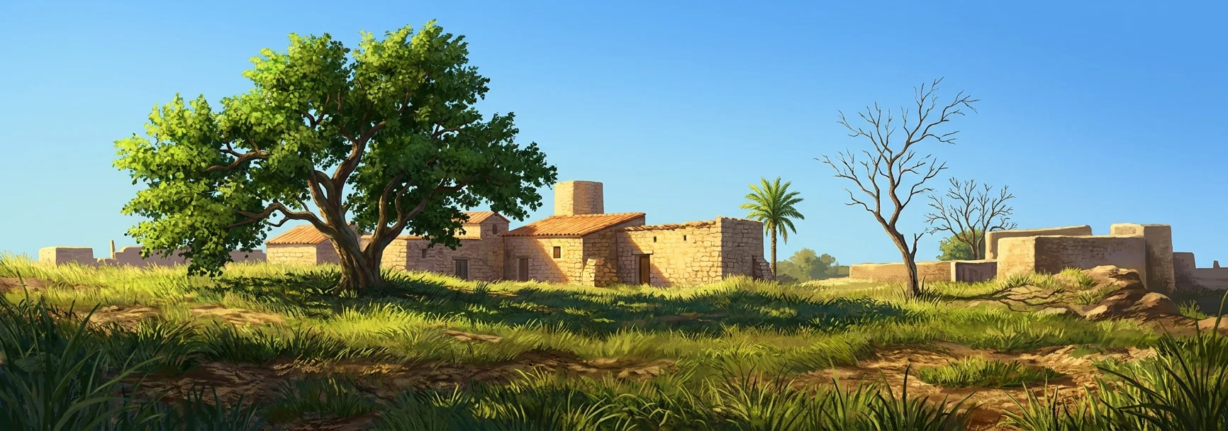 A tranquil rural settlement stretches across a gently undulating landscape. In the foreground, dense vertical grasses or crops form a dark band, with a low fence or irregular boundary at the left. Large spreading trees dominate the left side, while smaller trees and shrubs punctuate the middle distance, including a distinctive thin, leafless or sparsely leaved tree near the right. Several simple low-roofed buildings or huts sit among the fields, with a taller rectangular structure near the center and a small palm-like tree farther back. Tiny indistinct figures or animals appear near the settlement.
