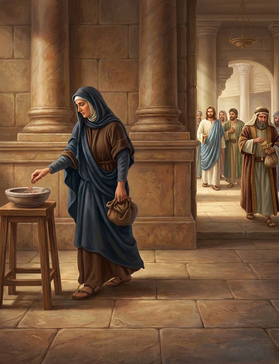 “Watching her opportunity, she hurriedly threw in her two mites.”