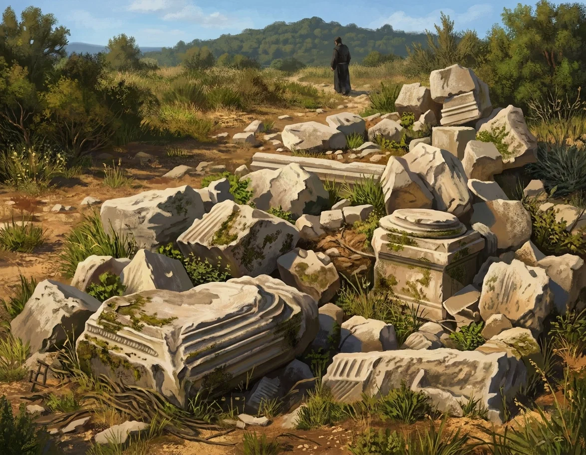 A black-and-white engraved scene shows a rugged, uneven landscape of rocks, earth, and sparse vegetation. Several large rectangular, layered blocks resembling books or masonry slabs lie in the foreground and at right, surrounded by smaller stones and tangled ground cover. A dark-clad human figure stands near the upper center on a raised ledge, while other indistinct figures or forms appear among the rocks. The composition rises toward a rough plateau or wall at the back, with a few tufts of vegetation silhouetted along the top; no lettering is visible.