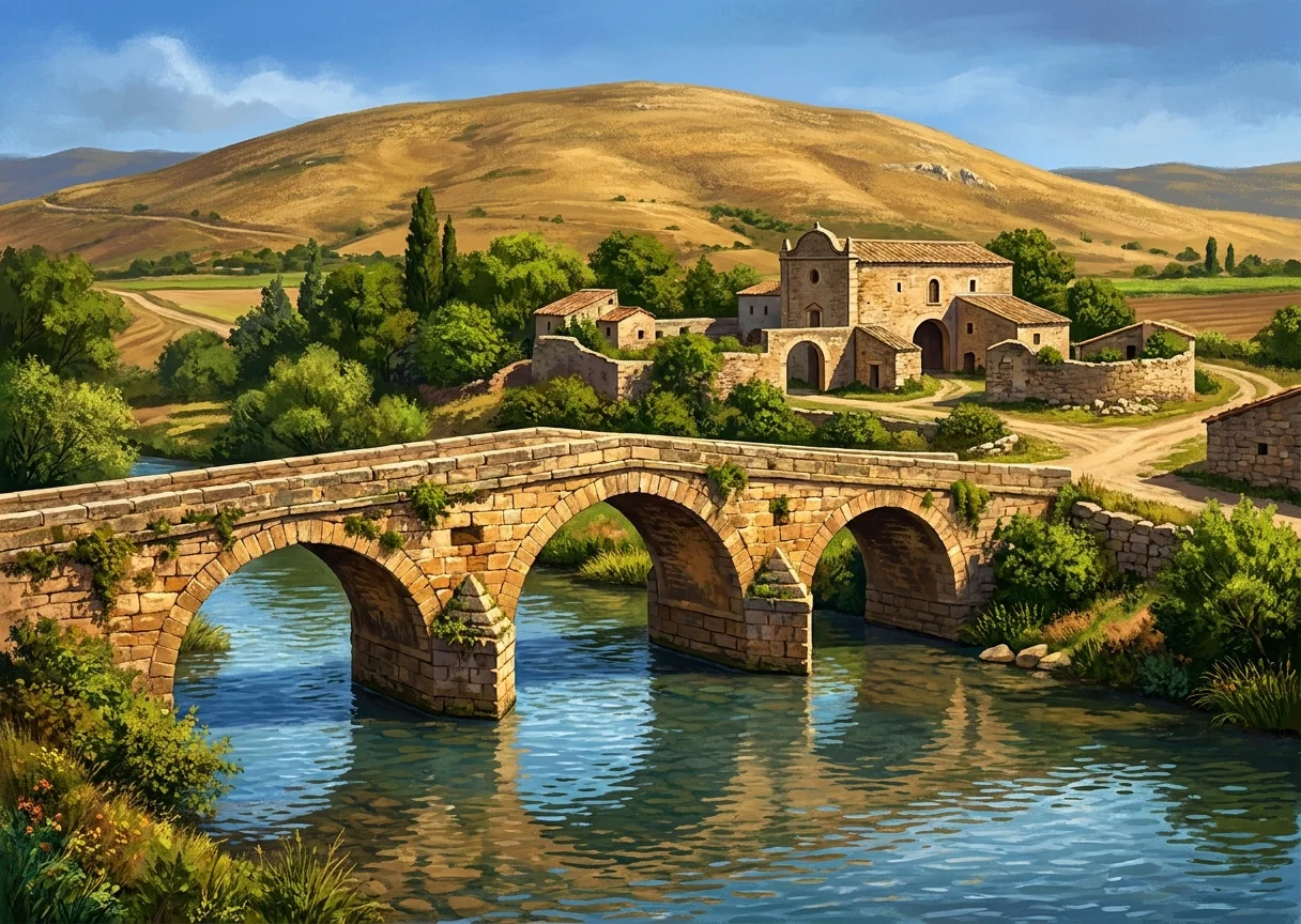 A rural landscape is shown with a stone bridge spanning a gently flowing stream in the foreground, its dark semicircular arches reflected in the water. Beyond the bridge, a small stone church or chapel with a simple tower and pitched roof stands on a raised, wooded bank, accompanied by what appears to be a low wall or neighboring structure. Fields and scattered vegetation extend across the middle distance, while a broad, rounded mountain rises along the horizon beneath an open sky. No people, animals, or lettering are visible.