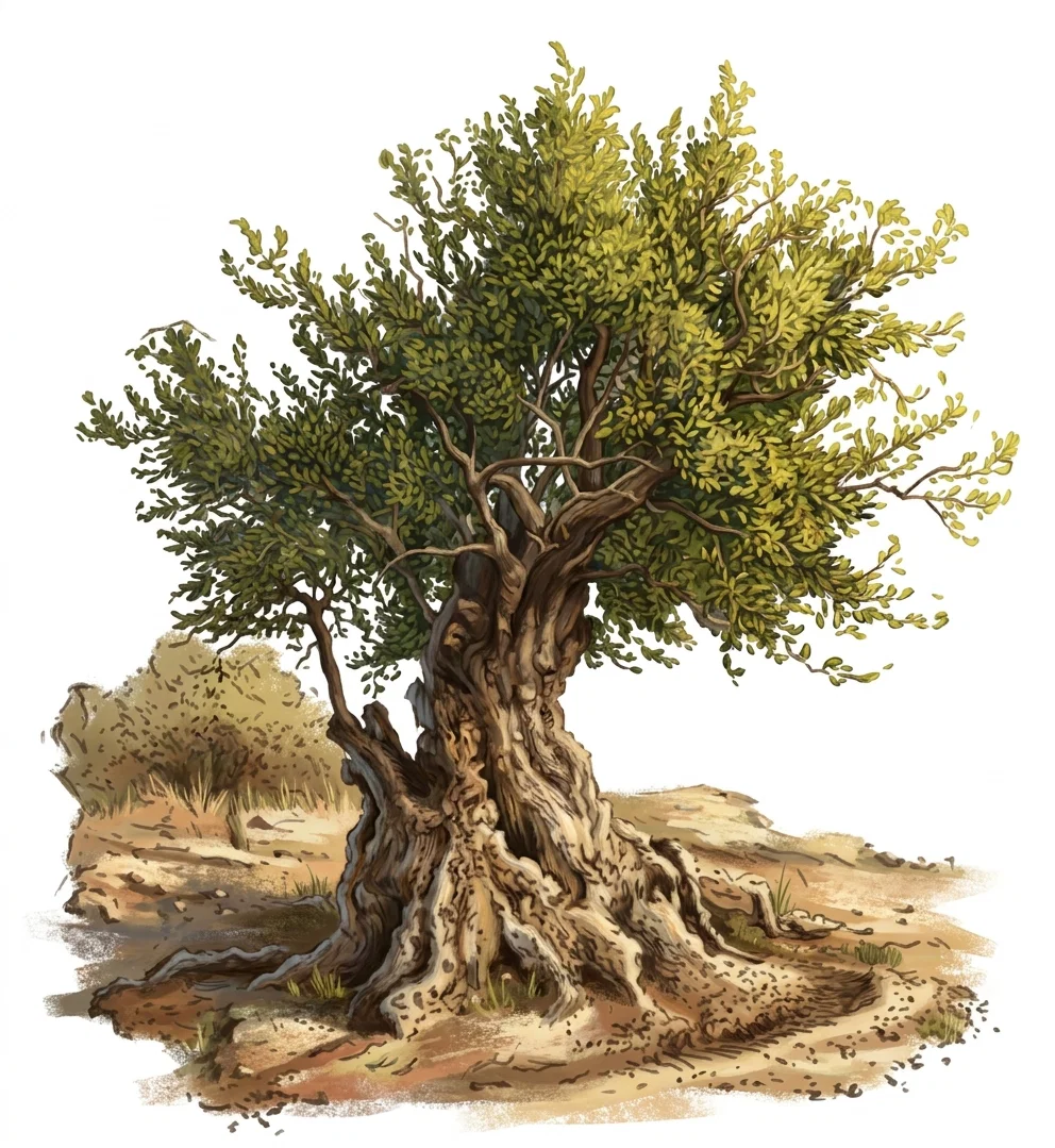 A large, ancient-looking gnarled tree stands alone in an open, uneven landscape. Its thick, twisted trunk divides into several sturdy limbs, with a broad, dense crown of small leaves spreading upward and outward. Exposed, knotted roots grip a low mound of earth, while scattered grasses and scrub appear around its base and along the lightly sketched horizon. The monochrome drawing emphasizes the rough bark, tangled branches, and irregular silhouette of the tree; no people, animals, buildings, or lettering are visible.