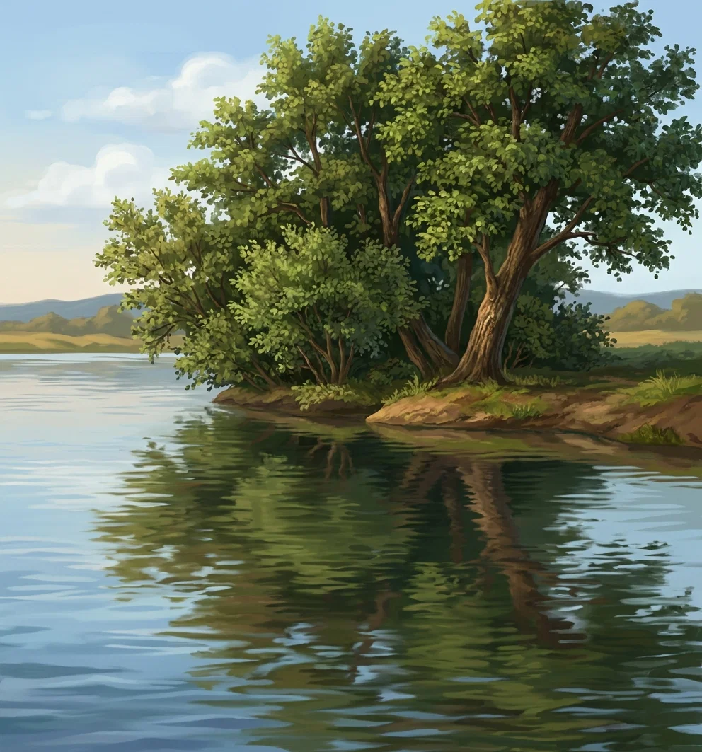 A quiet waterside scene shows a small, densely vegetated islet or bank jutting into calm water. Tall grasses, reeds, shrubs, and several leafy trees form a thick natural clump, with dark, angled trunks or exposed roots at the shoreline. The low horizon extends behind it, while the foreground water is rendered with horizontal ripples and a clear, elongated reflection of the vegetation. No people, animals, buildings, or lettering are visible.