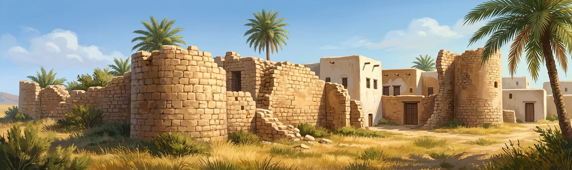 A panoramic black-and-white sketch shows a sunlit Middle Eastern settlement amid low, rugged hills and scrubby vegetation. In the foreground, a rough stone wall or embankment stretches across the scene, with dense grasses and bushes at its base. Several tall palm trees rise behind the wall, while a cluster of simple, flat-roofed pale buildings occupies the right half of the composition. At the far right stands a prominent dark, rounded or cylindrical stone structure beside the houses. No clearly legible lettering is visible in the drawing.