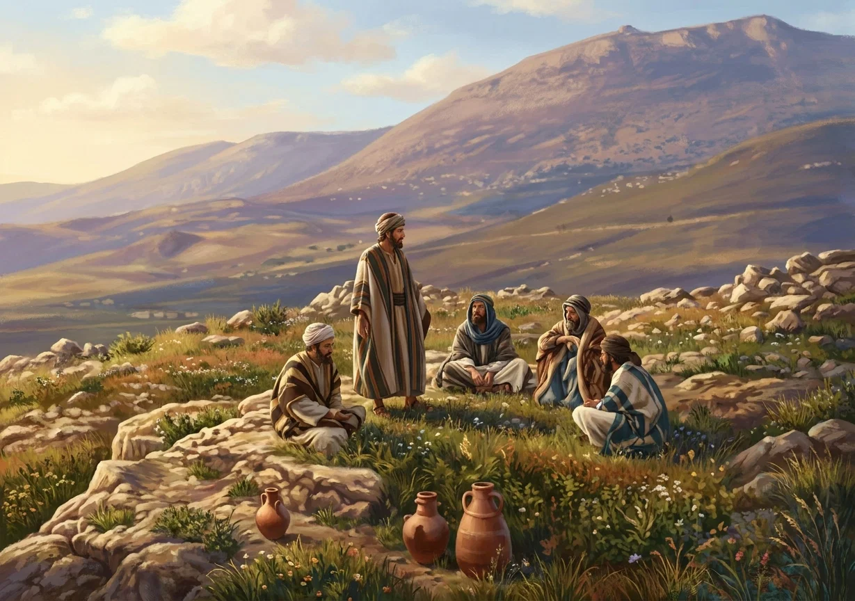 A small group of people gathers outdoors on a rough, rocky landscape beneath a broad, barren mountain or cliff. One central figure stands upright, draped in a long, light-colored robe with darker vertical folds, while several others sit or crouch around him, appearing to listen or converse. In the foreground are rounded pottery vessels and jars placed among low vegetation and stones. The scene has a simple, pastoral arrangement, with the figures clustered near the center and the massive layered rock formation rising across the background. No lettering or other text is visible within the image.