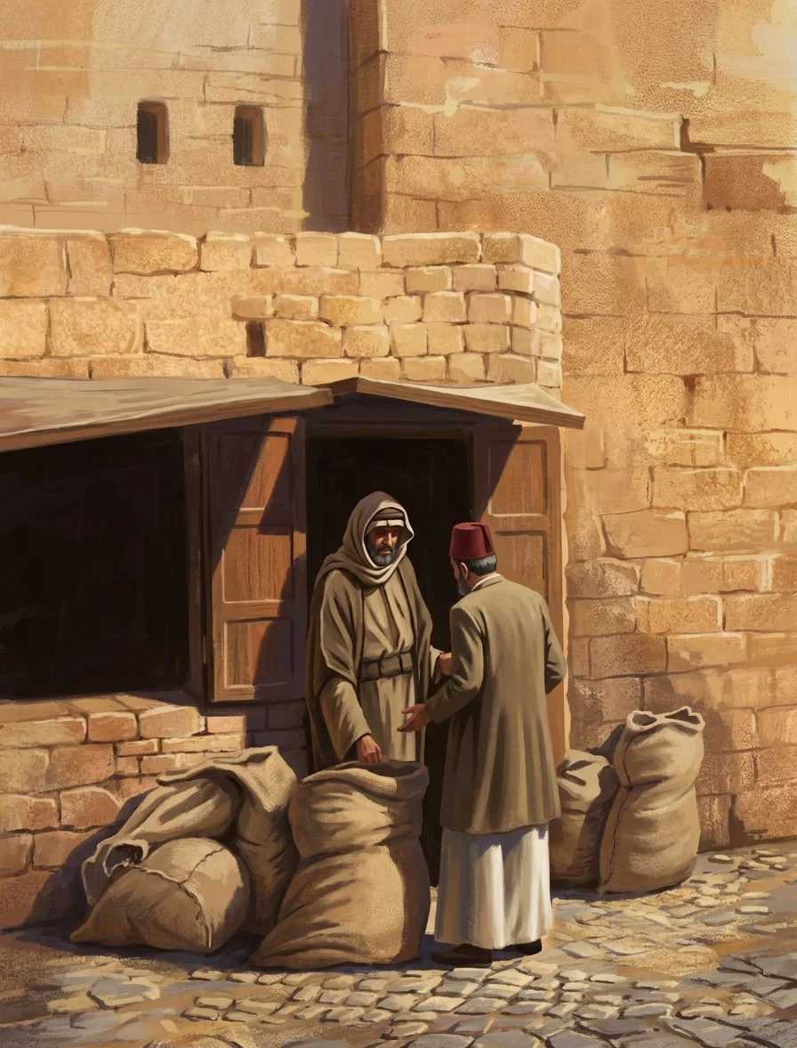 A street scene shows two impoverished figures gathered outside a rough brick or stone building. In the center, a weary, bearded man in a head covering and ragged clothing stands beside a taller person wrapped in a dark cloak, who appears to support or address him. The doorway behind them is shaded beneath a projecting wooden awning, with a small shuttered opening and uneven masonry above. Bundles or sacks lie scattered on the cobbled ground, including a large sack at right and piled belongings at left. Faint marks and partial lettering appear near the upper margin.