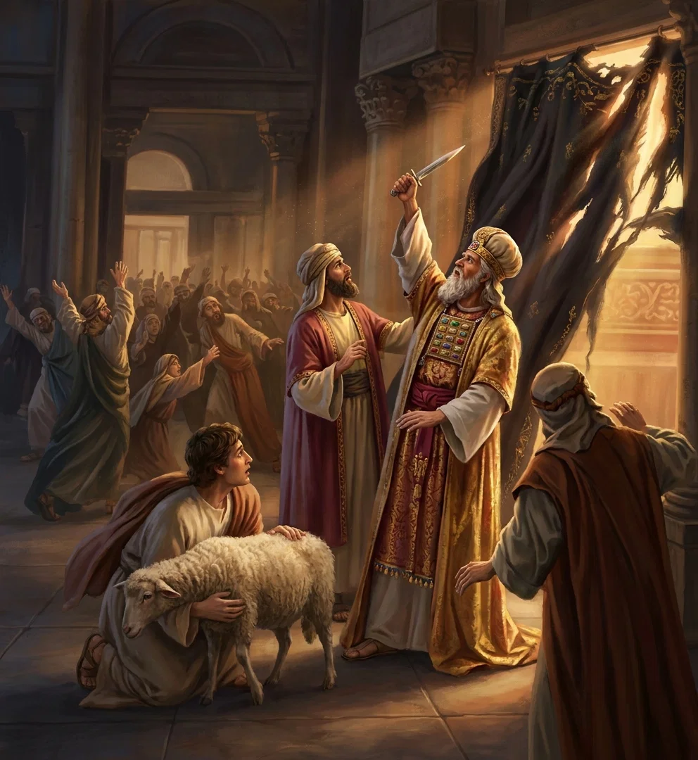 “With a rending noise the inner veil of the temple is torn from top to bottom by an unseen hand.” Page 756.