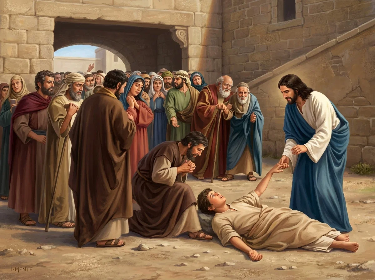“Jesus takes him by the hand, and lifting him up, presents him in perfect soundness of mind and body, to his father.”