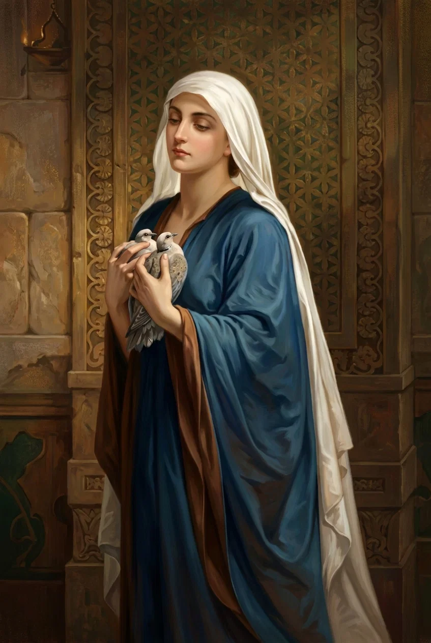 MARY AND THE TURTLE DOVES.

“If the parents were too poor to bring a lamb, a pair of turtle doves or two young pigeons . . . might be accepted.” Page 50.