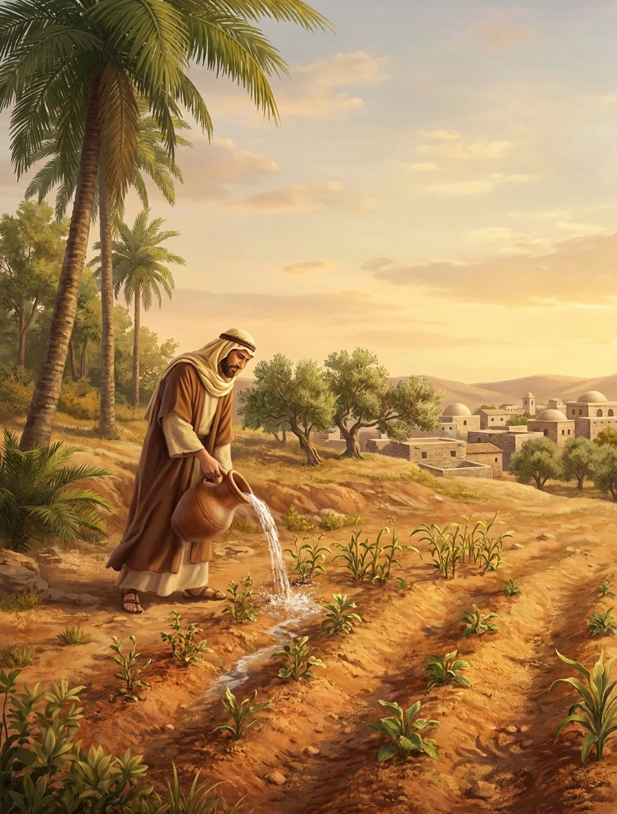 “He moistened the soil, and protected the growing plants from the fierce blasts and from the scorching sun.”