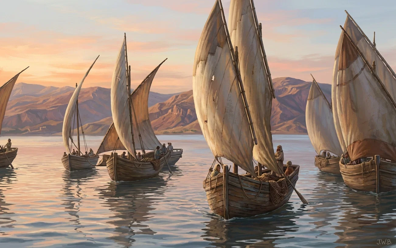 A tranquil lake scene shows several small fishing boats with tall, sharply angled sails moving or resting on the water. The largest boat dominates the foreground at right-center, its dark hull, rigging, and broad billowing sail clearly visible, while other sailboats recede across the lake. A few indistinct fishermen appear aboard the vessels. Low, rugged mountains and a gently textured shoreline stretch across the background beneath a hazy sky, and rippling water reflects the boats and sails.