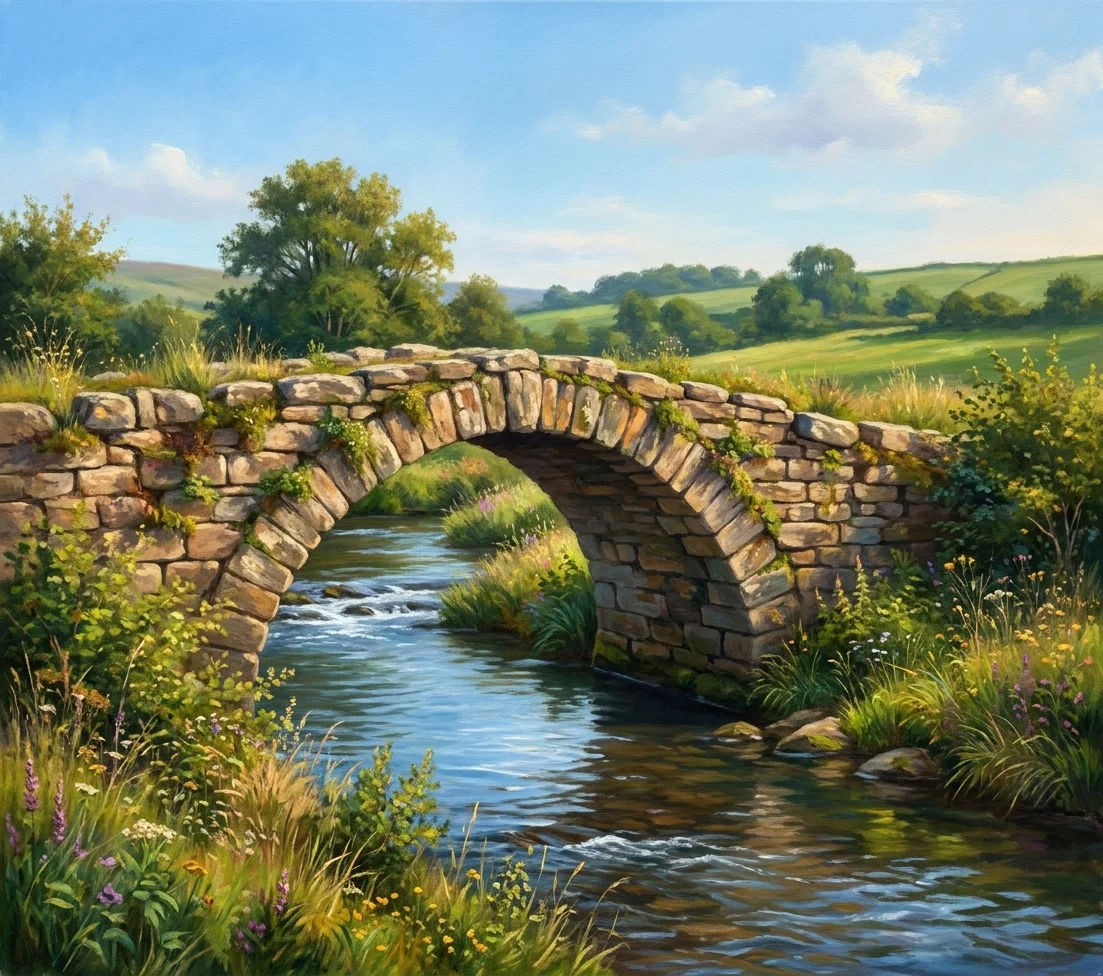 A tranquil rural landscape shows a stream or pool in the foreground winding beneath a grassy, uneven bank. At the center, a broad, dark waterfall pours over the edge of the elevated ground into the water below, its surface rendered with dense vertical strokes to suggest rapid flow. Rough vegetation, shrubs, reeds, and overhanging grasses cover both banks, while a low, open horizon and lightly sketched clouds stretch across the background. No people, animals, or lettering are visible.