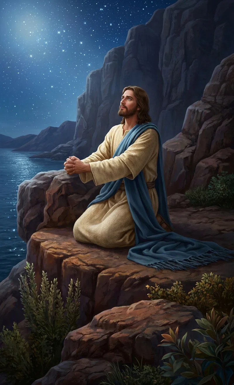 “Alone upon a mountain near the Sea of Galilee He spent the entire night in prayer for His disciples.”