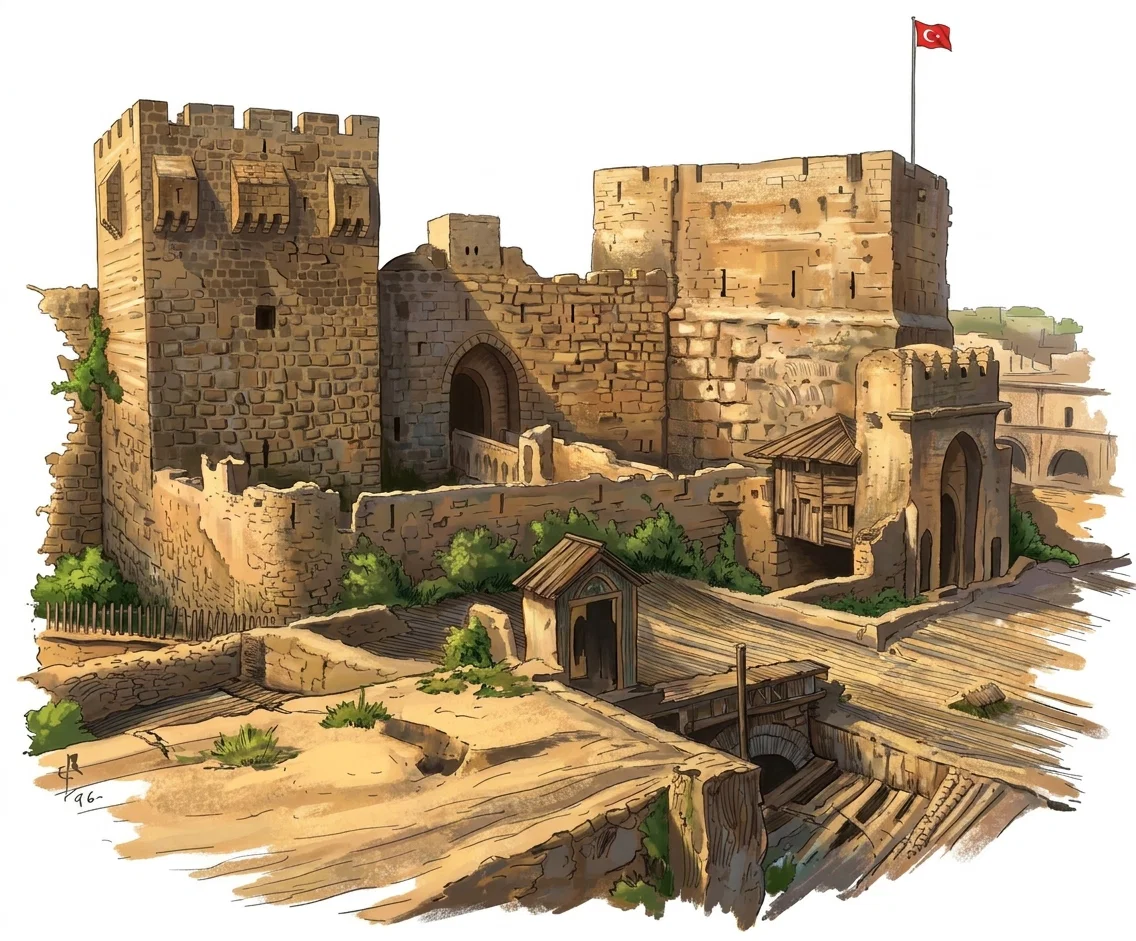 A detailed architectural scene shows a fortified stone gateway and massive masonry walls, likely part of an ancient or historic city. The central wall contains a tall, dark arched entrance, while a larger tower rises at right with a flag flying from its summit. Another arched gate or passage stands in the foreground beside sloping paved surfaces, steps, low walls, and a small roofed structure. Vegetation and rough ground appear along the lower edges, with distant rooftops and open terrain visible beyond the fortifications. No clearly legible lettering appears in the drawing.