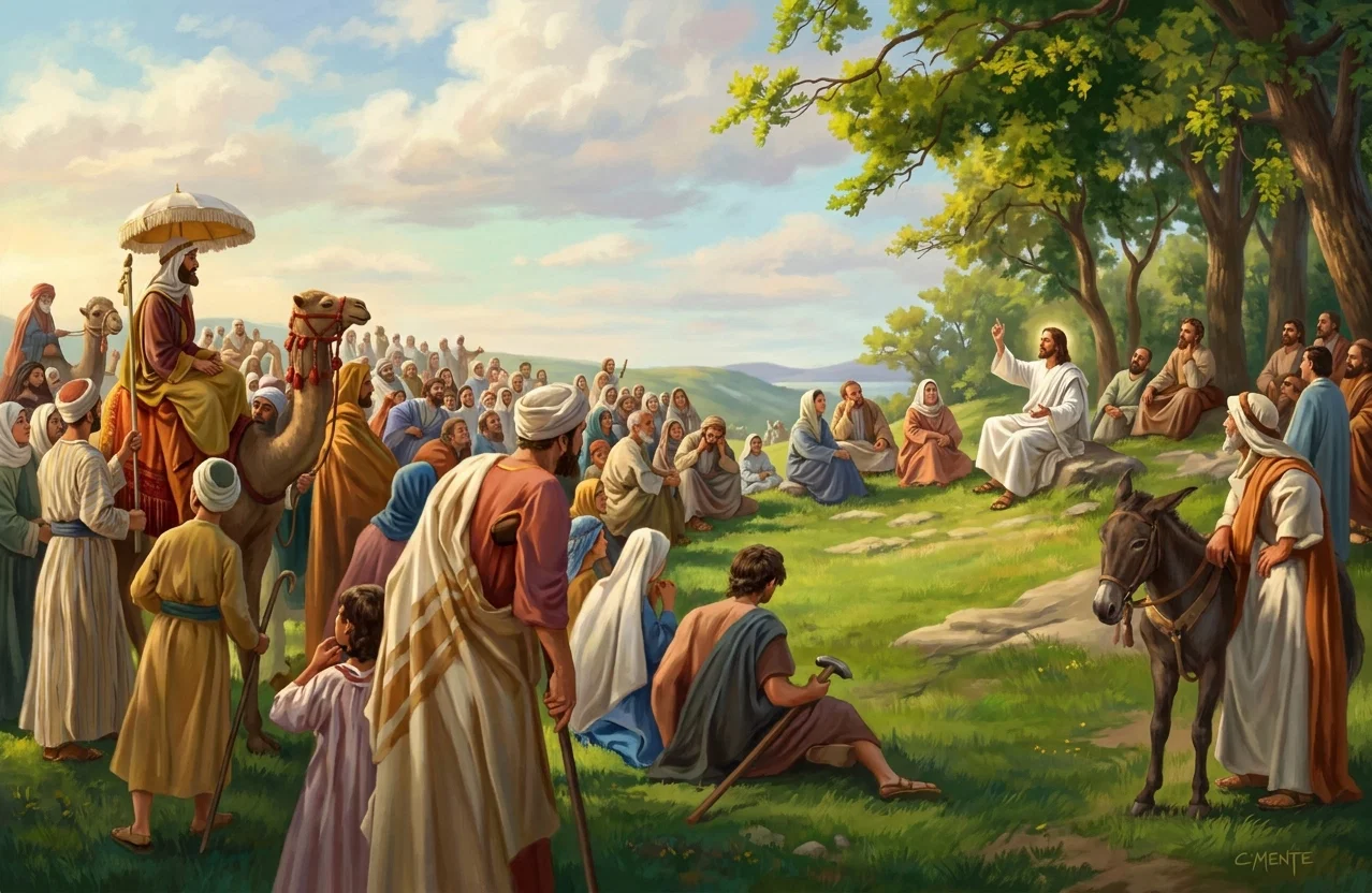THE SERMON ON THE MOUNT.

The people sat on the green hillside, awaiting the words of the Divine Teacher.
