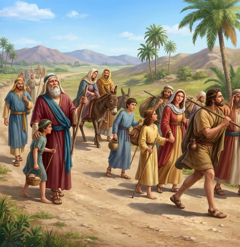 A large group of Hebrew worshipers travels toward Jerusalem for Passover along a sunlit dirt road through a lush valley. Men, women, and children wear ancient robes, head coverings, and sandals, carrying staffs, baskets, jars, and bundles. In the foreground, an older white-bearded man walks beside a boy, while a woman rides a donkey with a companion behind her. Other travelers, including a man with a laden pack animal, fill the path. Palm trees frame the scene, with green fields and rugged purple-brown mountains stretching beneath a bright blue sky.