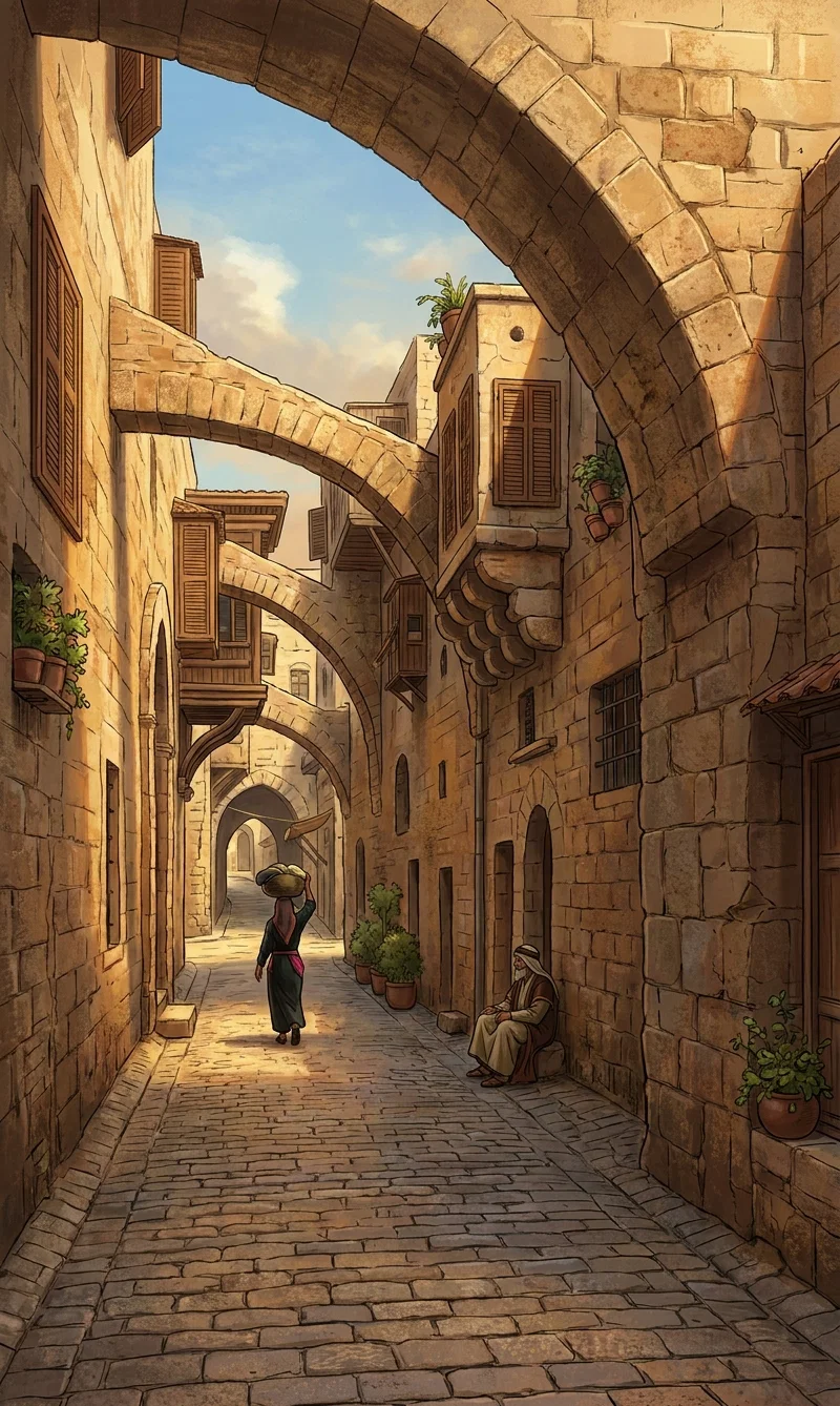 A narrow, winding cobblestone passage runs through an old stone-built village, framed by massive weathered archways and projecting upper stories. The tall walls on both sides are covered with rough masonry, vines, and irregular timber or stone details, while shuttered windows overlook the lane. Several successive arches create a strong sense of depth, leading toward a small distant opening. Two people in dark clothing walk along the passage, one nearer the center and another farther away. The scene is rendered in dense black-and-white linework, emphasizing the enclosed medieval atmosphere.