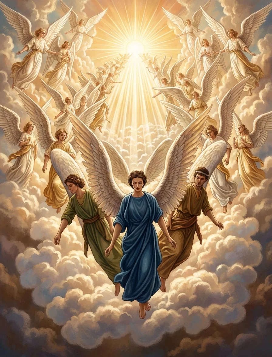 A religious vision of Christ’s ascension fills the scene. A central, dark-robed figure rises or floats above billowing clouds, arms extended slightly outward, with two lighter-robed, winged attendants hovering on either side. Behind them are large sweeping wings and clustered angelic or heavenly forms, while above, a radiant crowned figure or sacred presence emits numerous long rays of light downward. The composition is vertically arranged, moving from the cloud-filled lower foreground toward the luminous heavenly figure at the top; no lettering appears within the image.