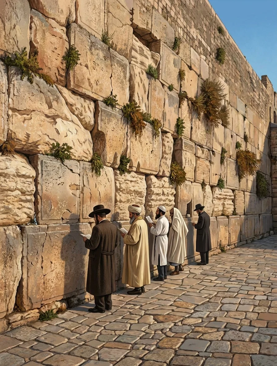 A group of four people stands on a narrow cobblestone street beside a massive, weathered stone structure. In the foreground, a cloaked figure in a dark hat faces the wall, while three others—two adults and a smaller child or young person—look toward the masonry and rubble. The wall includes large blocks, rough plastered surfaces, deep shadows, projecting ledges, and remnants of upper buildings or battlements, with tufts of vegetation growing from cracks. The scene is rendered in dense pen-and-ink hatching, emphasizing the worn, monumental architecture.