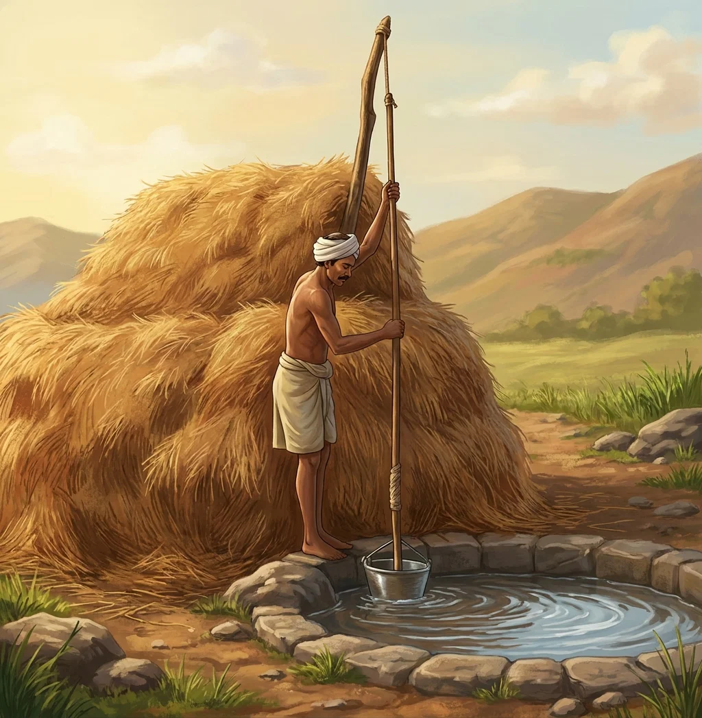 A small human figure stands outdoors beside a large, dark, roughly constructed shelter or mound of brush and thatch. The person wears a brimmed hat, loose shirt, trousers, and boots, and appears to be gripping or steadying a tall spear, staff, or pole planted in the ground. A pointed, tattered flag or elongated object rises from the top of the shelter behind them. The foreground contains a shallow bowl or basin at the base of the pole, scattered stones, logs, and dense grasses, while low vegetation and an open, lightly sketched landscape extend across the background.