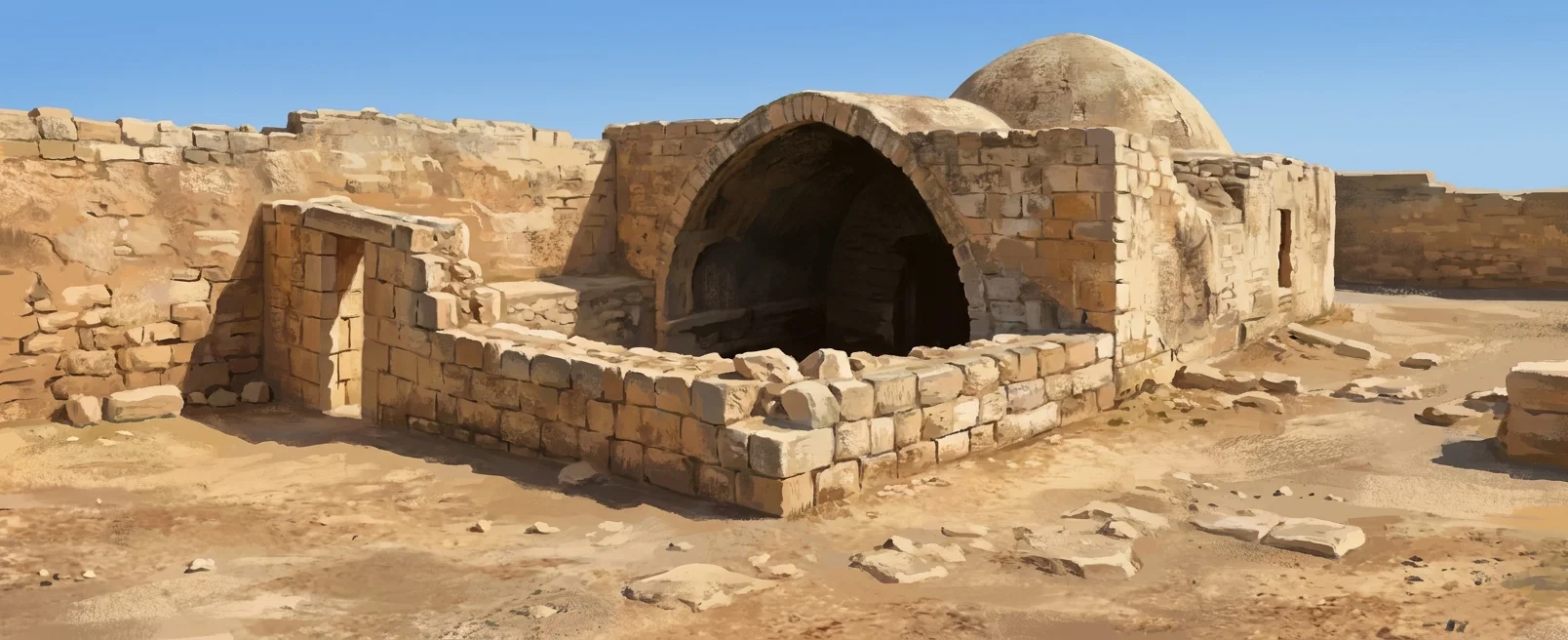 The image depicts a small stone structure or roadside shrine set in a rough, barren landscape. At the center is a dark, arched doorway or cave-like opening within a rectangular masonry façade, with an indistinct rounded mound or roof rising behind it. A low stone wall extends diagonally from the left foreground toward the entrance, ending near a taller upright stone or gatepost. Sparse, uneven ground surrounds the structure, and no people, animals, signs, or lettering are visible.