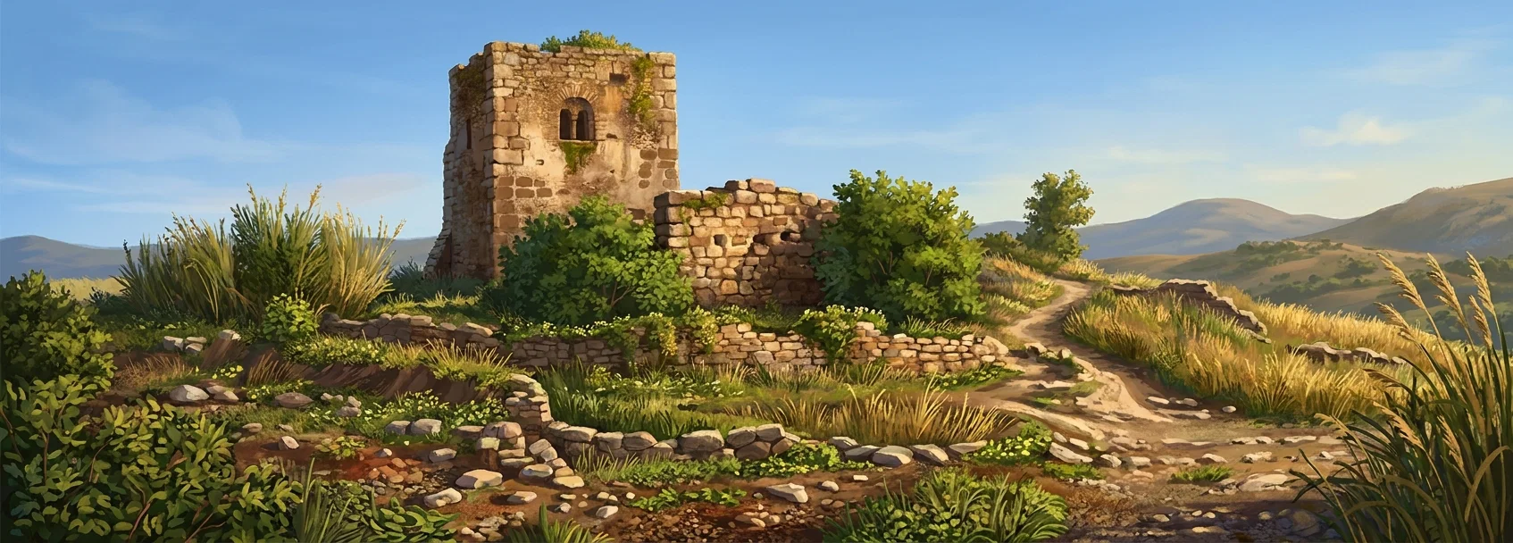 A small, rugged coastal or island landscape is shown in a horizontal pen-and-ink sketch. At the center stands a squat, weathered stone tower or ruined blockhouse, with a few dark openings and uneven masonry. Dense clumps of shrubs and grasses surround it, while low stone walls or rocky embankments extend across the middle ground. The foreground appears to be shallow water, shoreline, or exposed rocky terrain, rendered with scattered stones and rippling horizontal lines. Low hills or distant landforms rise faintly on the right, and no people or animals are visible.