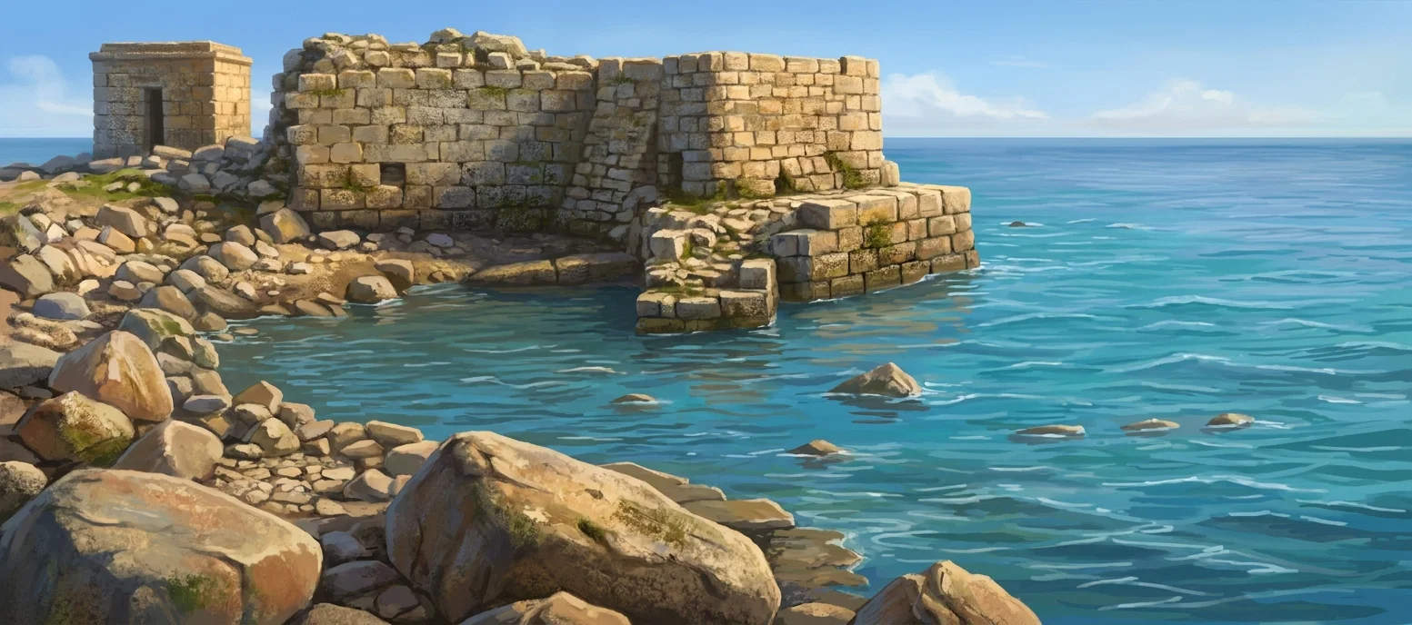 A black-and-white line drawing shows a rugged stone structure or fortified ruin beside a broad, shallow body of water. The main masonry wall stretches across the upper center, built from irregular blocks and topped with uneven rubble, while a smaller projecting stone barrier extends toward the right foreground. On the far left stands a simple rectangular block-like building or tower. The shoreline is scattered with rocks, broken slabs, and low mounds, and rippling water occupies the lower and right portions of the scene. No people, animals, or lettering are visible.