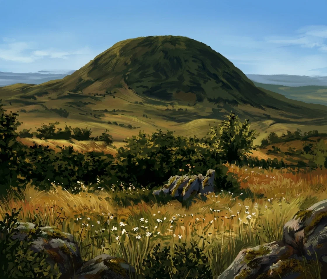A broad, rounded, darkly shaded hill or mountain rises prominently in the center of a quiet, open landscape. Its gently sloping sides descend into a sparsely vegetated valley and low, hazy ridges stretching across the horizon. The foreground is filled with rough grasses, shrubs, and scattered small trees, including a denser cluster near the center and right, with a rocky or uneven patch along the bottom edge. No people, animals, buildings, or visible lettering appear within the scene.